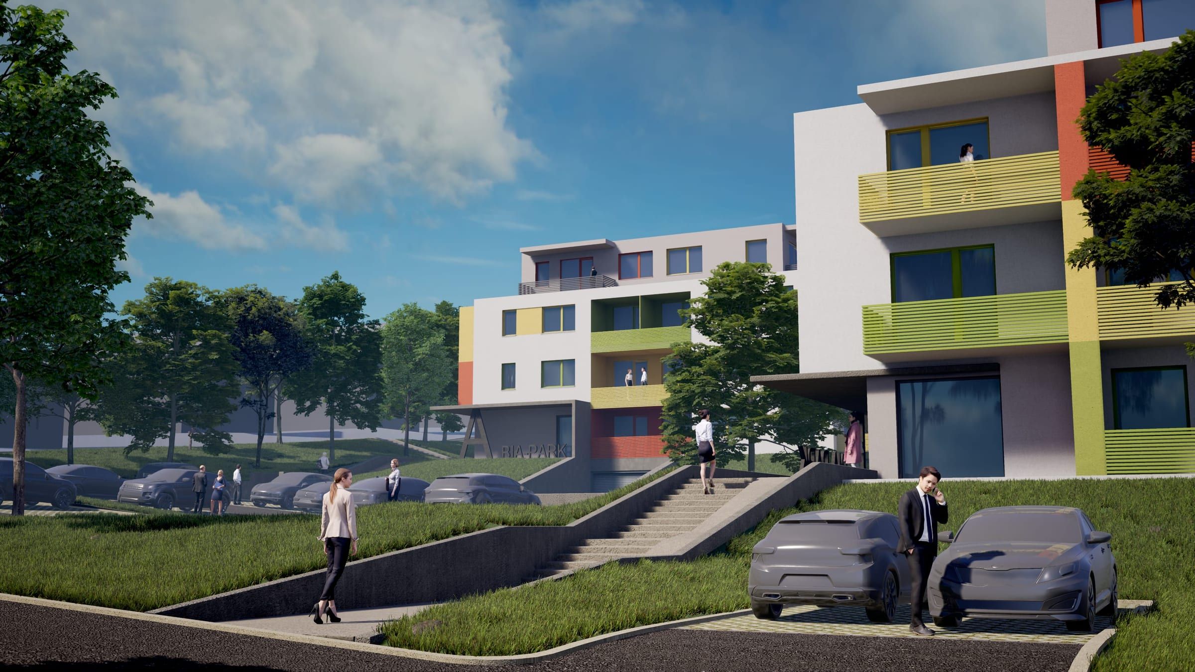 A BIA.Park lakópark színes erkélyű épülete a lejtős parkolóbehajtóval, látványterv – L.Art Építészet
