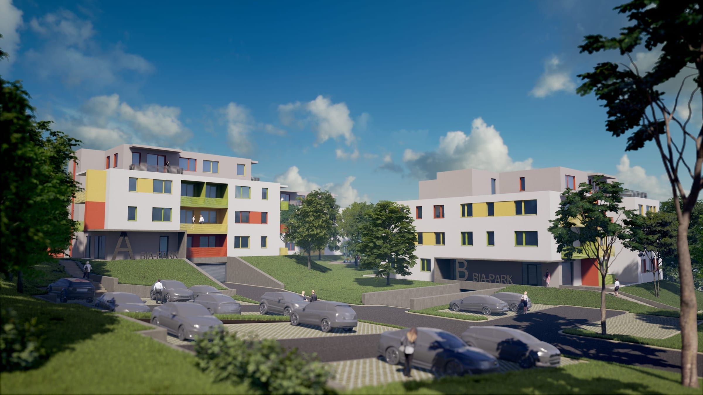 A BIA.Park épületei a parkolóval és a környező zölddel, látványterv – L.Art Építészet