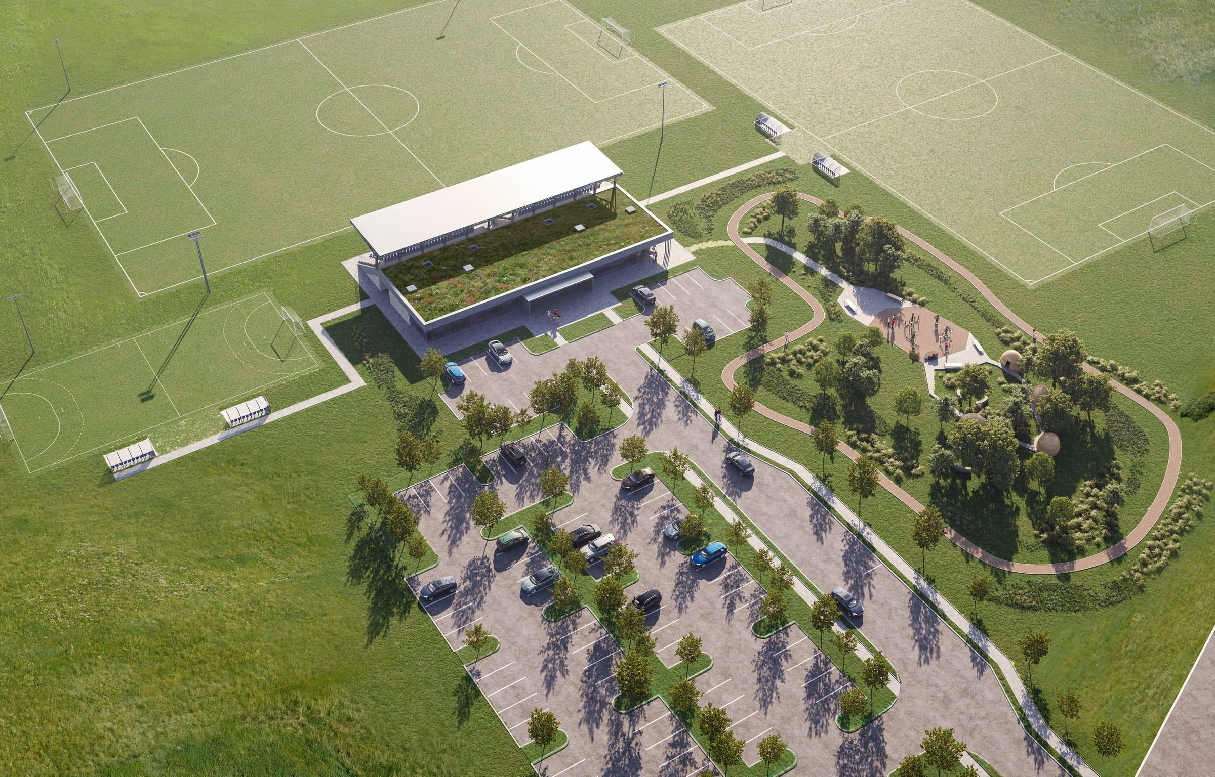 A sportközpont madártávlatból, a pályákkal, az ösvényekkel és a parkolóval, látványterv – L.Art Építészet
