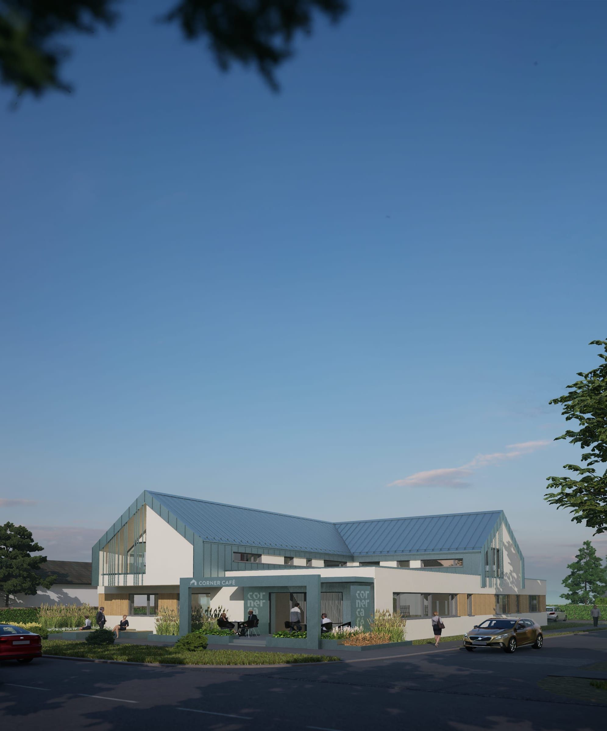 A Corner szolgáltató és társasház alkonyatkor, függőleges kép, látványterv – L.Art Építészet